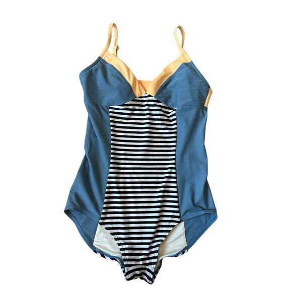 Seea Free People Riviera One Piece Swimsuit size L Striped Blue Orange - Picture 1 of 4